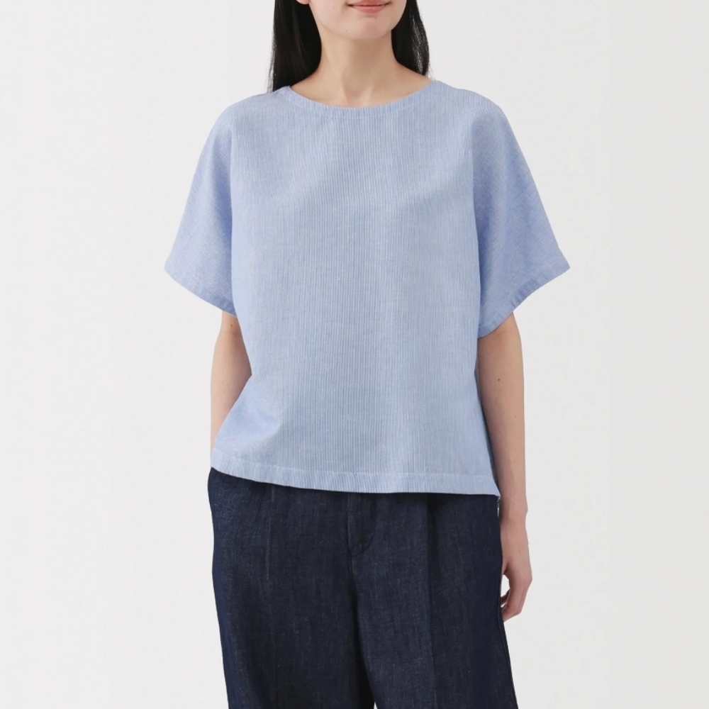 MUJI Women's Hemp Cotton Short Sleeve Blue Striped Blouse cooling fabric